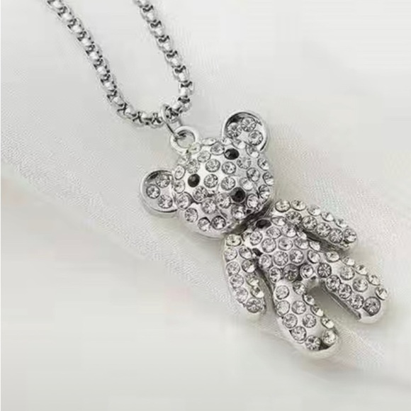 Betsy Johnson Bear Rhinestone Silver Necklace - Picture 1 of 16